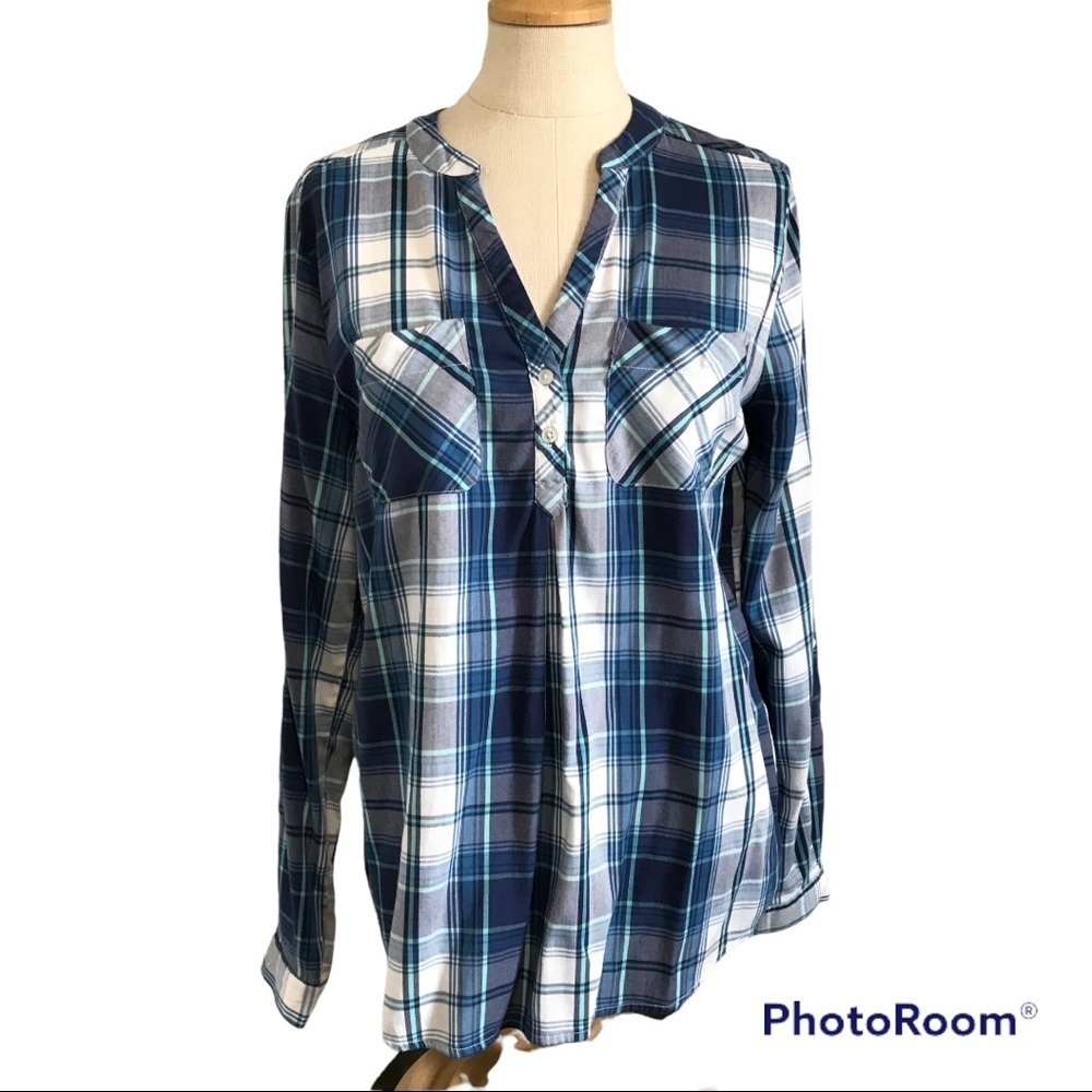 Weatherproof Vintage Cotton Pop-over - Blue Plaid - Size Medium
